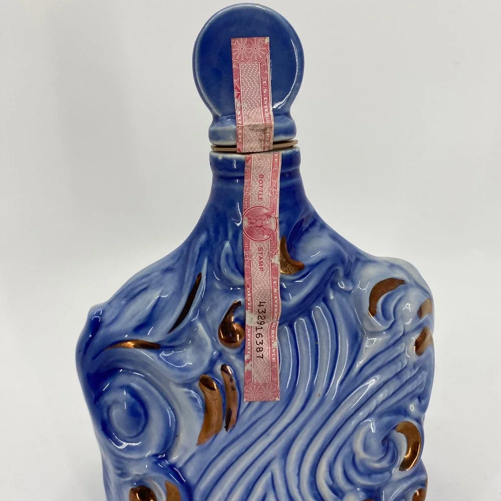 Vintage 1971 Jim‎ Beam Regency Hyatt House Blue Gold Porcelain Decanter Bottle